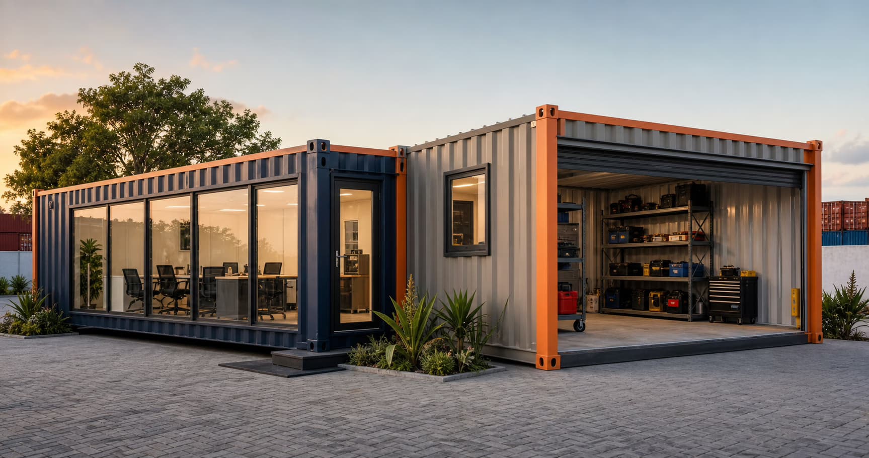 Converted containers used for a practical office and workshop