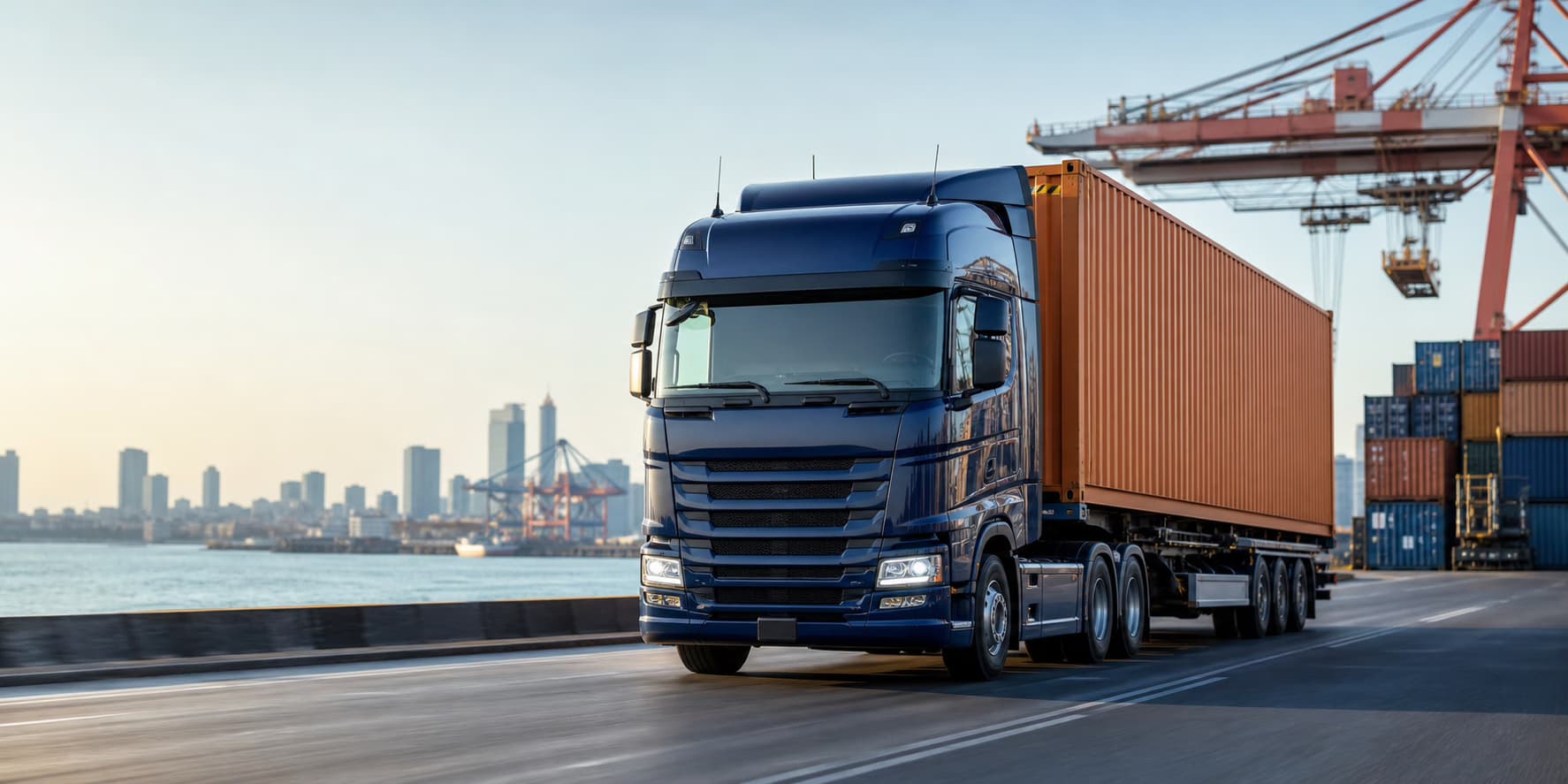Navy truck carrying an orange container at the port